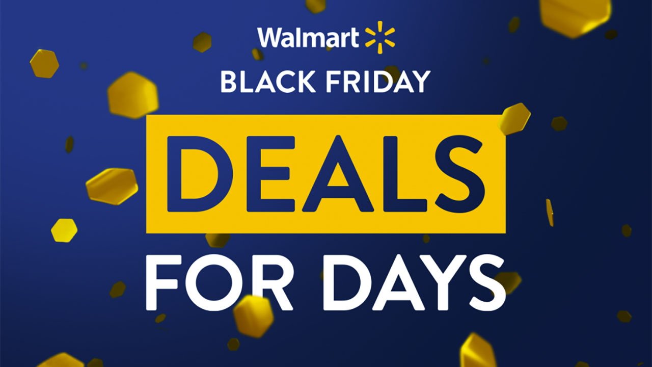 Walmart Black Friday Deals for Days logo on blue background with gold confetti